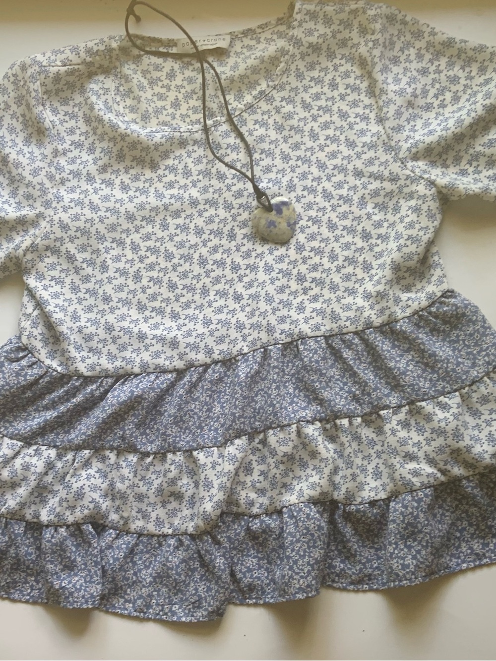 Floral Ruffle Tunic Top in Blue and White